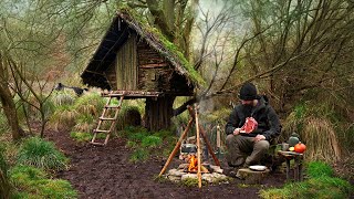 Building wood survival shelter in wildlands  Bushcraft amp Campfire grilled meat [upl. by Issor906]