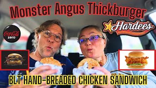 Hardees Monster Angus Thickburger BLT HandBreaded Chicken Sandwich Onion Rings  Eat With Us [upl. by Ahseken382]