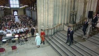 Royal trumpet fanfare as the Queen and her family arrive at Westminster Hall for lunch [upl. by Llerrej]