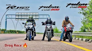 Bajaj Pulsar RS 200 vs Yamaha R15M Vs Pulsar Ns200 BS7  Drag Race [upl. by Finnigan]