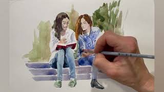 Drawing People with Watercolor Painting Demonstration Girls with books [upl. by Erasme]