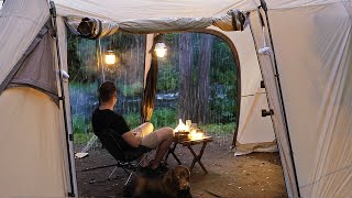 Gloomy SOLO Camping in RAIN and THUNDER  relaxing in a cosy shelter by the Creek storm ASMR [upl. by Dianemarie]