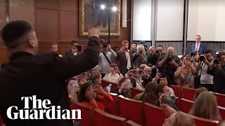 Protesters interrupt Nigel Farages first speech as MP in London [upl. by Jo-Anne832]