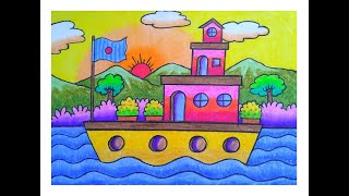 HOW TO DRAW HOUSEBOAT SCENERY EASY HOUSEBOAT DRAWING FOR BEGINNERS BOAT HOUSE DRAWING STEP BYSTEP [upl. by Bertero]