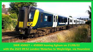 SWR Desiros 450027  450089 leaving Egham on 210922 with the 2S23 0952 Waterloo to Weybridge [upl. by Burford]