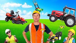 Lawn Mowing Tractor for Kids Video  garbage trucks blippi toys leaf blower  min min playtime [upl. by Joel]