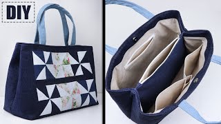 DIY Patchwork Big Tote bag Making From Cloth  Jeans Woman Bag Sewing from Scratch [upl. by Mikkel]