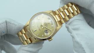 Rolex 18238 DayDate 36 mm 18K Yellow Gold Champagne Factory Diamond Dial President Bracelet 1993 [upl. by Fenner693]