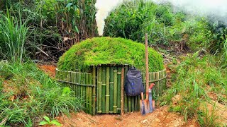 Build a Survival bushcraft Shelter with Bamboos thatched roof Fire stove grilled meat [upl. by Dnaltroc]