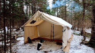 First Night At My New Off Grid Wilderness Camp Wall Tent Setup Wood Stove [upl. by Lleirbag]