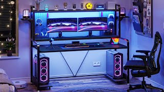 Sikaic 55quot LED Large PC Gamer Gaming Desk With Hutch Shelves Pegboard amp Monitor Shelf [upl. by Wilmott]