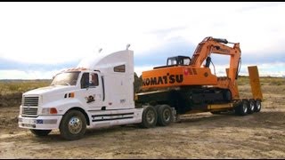 RC ADVENTURES  112 Scale Earth Digger 4200XL Excavator pulled on Triple Axle Trailer [upl. by Ellessig]