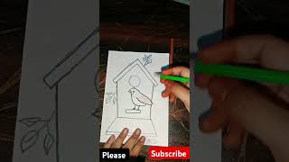 Bird and birds house drawing with colour drawing subscribe satisfying trending youtubeshorts [upl. by Ame]