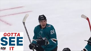 GOTTA SEE IT Timo Meier Records First Period Hat Trick vs Kings [upl. by Acirederf]