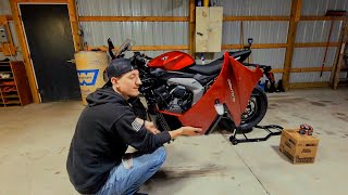 Triumph Daytona 660 fairing removal and oil change [upl. by Aibun896]