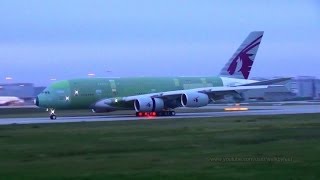 Qatar Airways A380 A7APB two view landing at Hamburg Finkenwerder [upl. by Tjader]