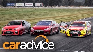 Tesla Model S v Holden V8 Supercar v Walkinshaw HSV GTS Drag Race [upl. by Ahsercel]