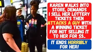 KAREN ATTACKS A GUY WITH A WINNING LOTTERY TICKET FOR NOT SELLING IT TO HER FOR 5 IT GETS UGLY [upl. by Anihta]