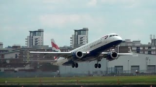 Rocket takeoff British Airways Embraer 190 STEEP departure from London City Airport [upl. by Ekul]