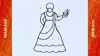 How to draw a Traditional Girl with Diya from 4×8 dots Easy Diwali drawing Easy Diwali Rangoli [upl. by Maro]