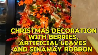 CHRISTMAS DECORATION WITH BERRIES ARTIFICIAL LEAVES AND SINAMAY ROBBON [upl. by Harak]