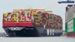 Heavily laiden MSC CHINA maiden containership  Felixstowe shipping 261123 [upl. by Atsira]