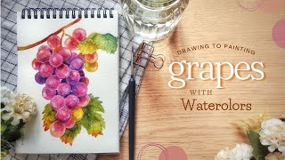 Grapes Drawing to painting tutorial with watercolors 🍇 [upl. by Marola]