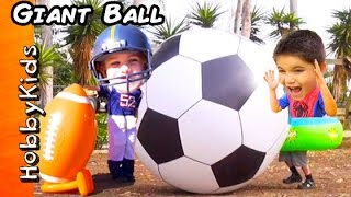 GIANT Football and Soccer Egg Surprises AirZooka Super Heroes  Family Fun Games HobbyKidsVids [upl. by Ramalahs]