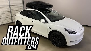 Tesla Model Y with Yakima GrandTour Roof Top Cargo Box Overview [upl. by Emalee526]