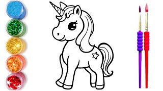 Unicorn draw and colour  kids video  Unicorn drawing Unicorn art for kids  Unicorn colouring [upl. by Anuqahs]