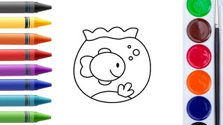 How to draw a fish 🐠 bowl  Fish aquarium drawing coloring for kids and toddlers Fish tank [upl. by Ytinav986]