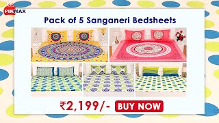 Sanganeri Double Size Pack Of 5 Jaipuri Cotton Bedsheet With 10 Pillow Covers Combo  PIKMAX [upl. by Lizabeth261]