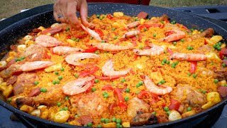 Cooking GIANT AUTHENTIC SPANISH PAELLA with Shrimps for 20 people｜Street Food [upl. by Eddi]