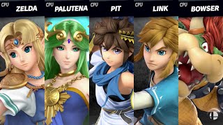 Super Smash Bros Ultimate  Zelda Blue VS Palutena Blue VS Pit Blue VS Link VS Bowser [upl. by Ellenohs]