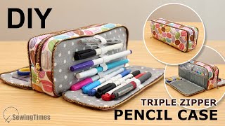 DIY Triple Zipper Pencil Case  Large capacity stationery pouch Tutorial sewingtimes [upl. by Kelsey742]