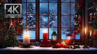 Christmas Window Scene Ambience Blizzard Sounds Falling Snow and Crackling Fire [upl. by Montgomery414]