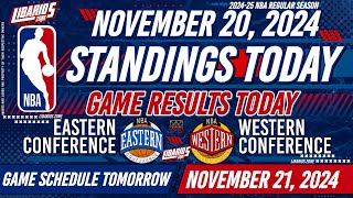 NBA STANDINGS TODAY as of NOVEMBER 20 2024  GAME RESULTS TODAY  GAMES TOMORROW  NOVEMBER 21 THU [upl. by Eelidnarb]