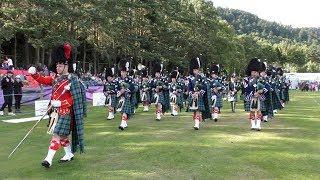 Ballater Games 2017  Clan Chieftain and massed Pipe Bands parade at close of the highland games [upl. by Anilram]