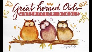 Cute Great Horned Owls in watercolor [upl. by Eerazed]