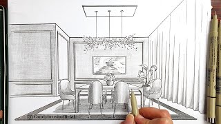 Drawing A Dining Room in One Point Perspective  Timelapse [upl. by Yessydo]