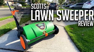 Scotts 26 in SweepIt Push Lawn Sweeper Review Convenient fall lawn maintenance yard tool [upl. by Annairt233]