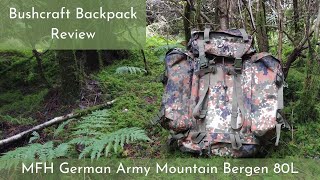 Bushcraft Backpack Review  MFH German Army Mountain Bergen 80L in flecktarn camo pattern [upl. by Nelleyram880]