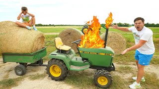 Our Tractor Catches Fire Hauling Hay  Tractors for kids [upl. by Ytte]