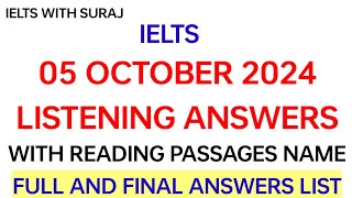 Ielts 05 October 2024 LISTENING answers with Reading passages name 05 October 2024 exam review [upl. by Eenot]