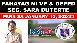 PAHAYAG NI VP amp DEPED SEC SARA DUTERTE PARA SA JANUARY 12 2024wildtvoregdepedlatestupdate [upl. by Karrie]