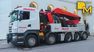 Intense heavy lifting job Palfinger crane PK 200002LSH on Scania R 560 truck lifting windows [upl. by Ailicec764]