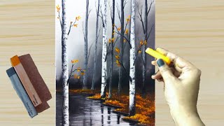 Soft Pastel Drawing  How to Draw step by step Misty Autumn Forest Landscape PaintingDrawing [upl. by Anavlys779]