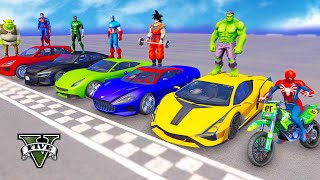 SPIDERMAN Motorbikes Challenge On Double Ramps Hulk Goku Sports Cars Spiral Ramp Racing  GTA 5 [upl. by Pizor]