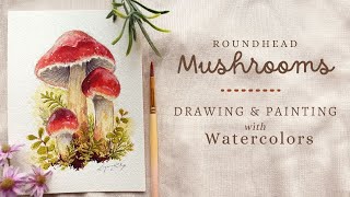 Red Roundhead Mushrooms Drawing to Painting with Watercolors [upl. by Asiaj]