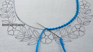 Wow its so cute floral neckline embroidery for kurti New hand embroidery neck design tutorial [upl. by Atilek]